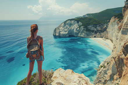 Standing on a cliff, a woman admires, a Photo by Tanuart