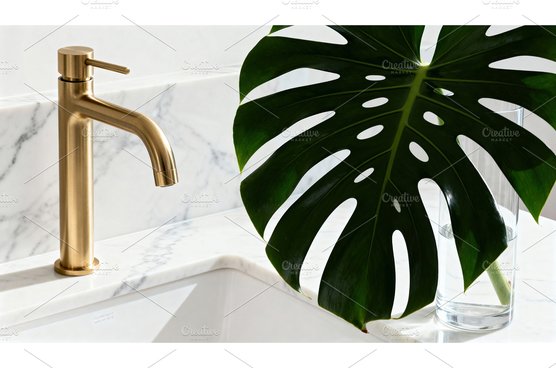 Gold faucet beside a large monstera, a Nature Photo by tilialucida