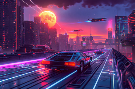 A car races down a neon-lit city str, a Photo by Iftikhar Alam