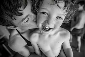 A happy boy receives a kiss from his, a Person Photo by ZinetroN