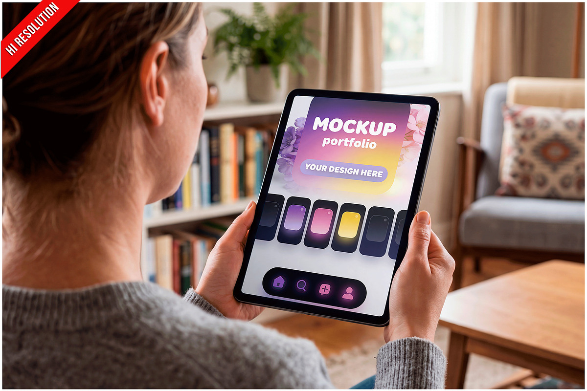 Woman Holding Tablet Living Room PSD, a Device Mockup by Bruno's Shop (Photo 1 of 3)