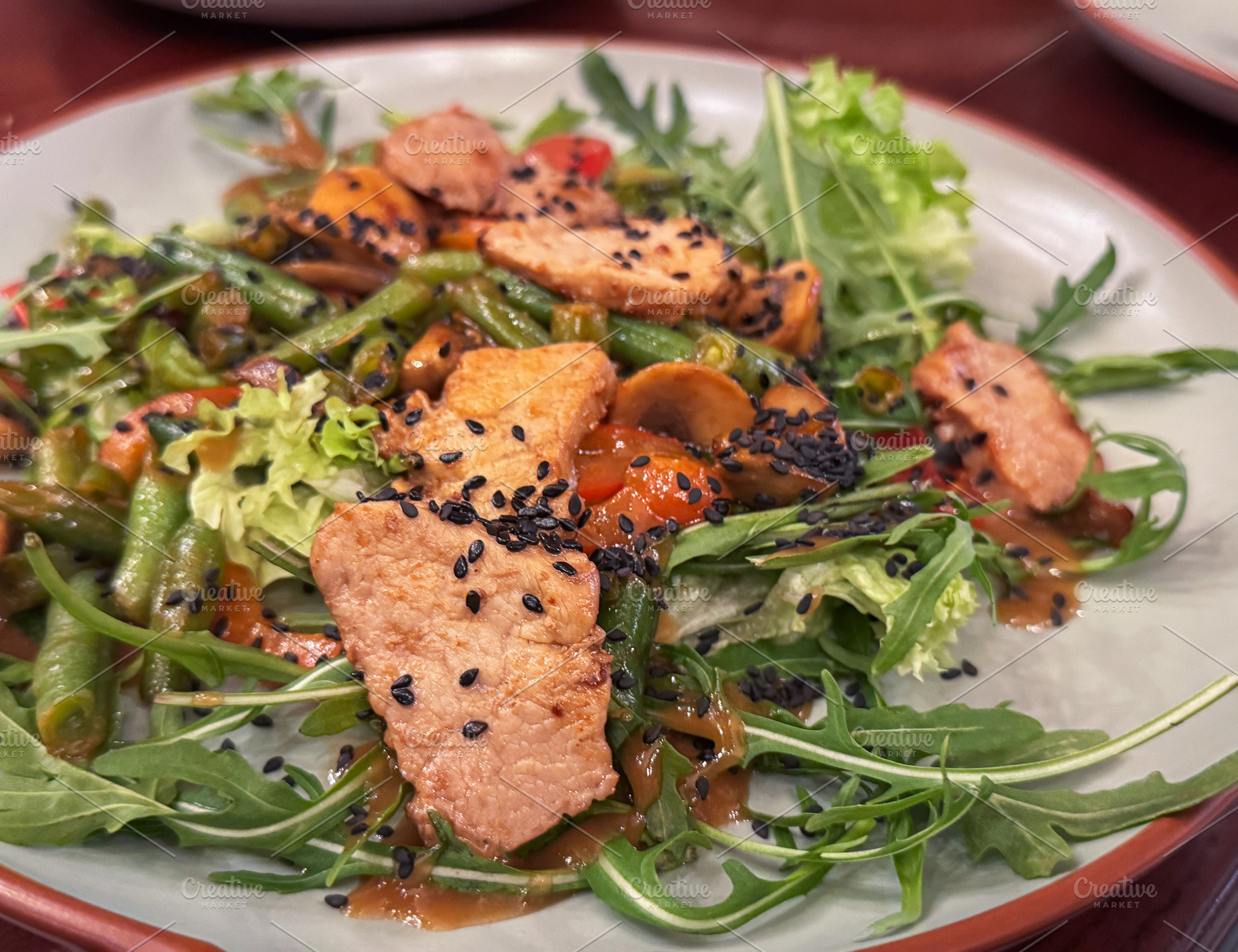 Pork salad with green beans and arugula, a Food & Drink Photo by Olena Rudo