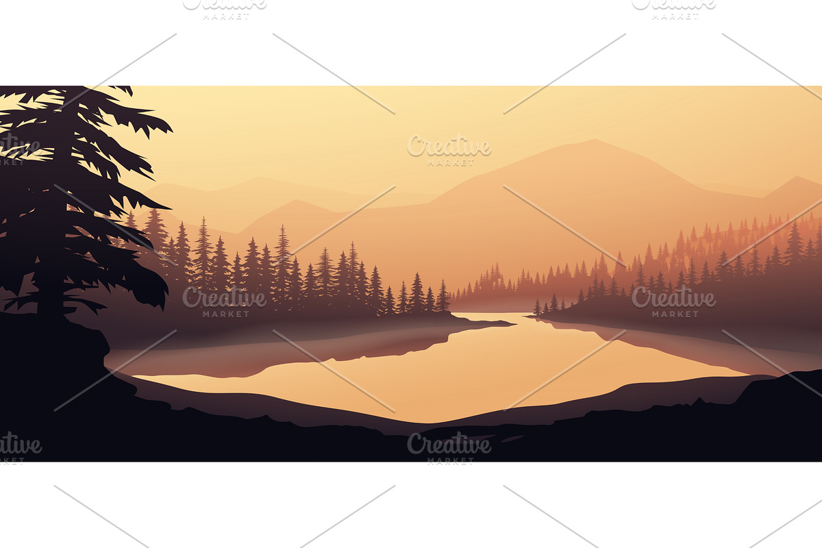 a sunset river landscape with pine, an Illustration by IfH