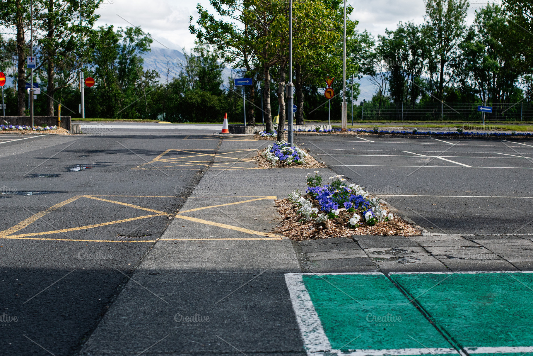 Urban parking lot with blooming flowers in Reykjavik, Iceland, under cloudy ski, a Photo by AS photostudio