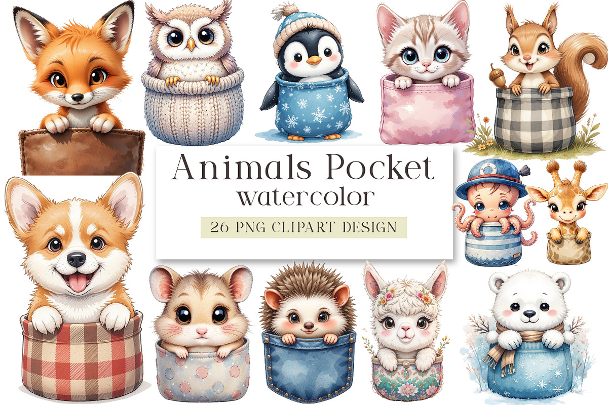 Peeking Cute Animals Pocket Clipart, an Illustration by DreamArtGraphic (Photo 1 of 4)