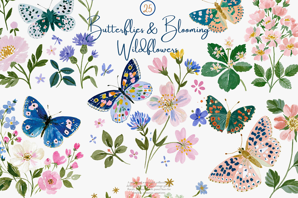 watercolor butterfly wildflower set, a Decorative Illustration by Patishop Art (Photo 1 of 6)