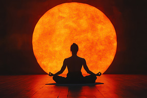 Meditation practice in silhouette ag, a Photo by Tanuart