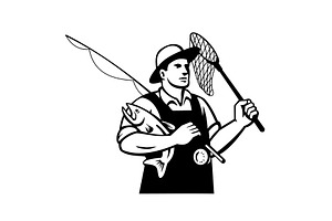 Fly Fisherman with Fishing Rod Retro, an Illustration by patrimonio
