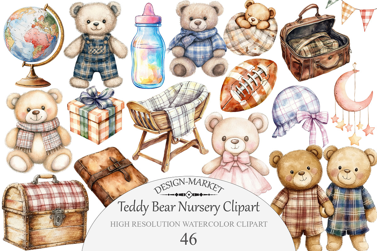 Watercolor Teddy Bear Nursery Clipar, an Illustration by Design Market (Photo 1 of 5)