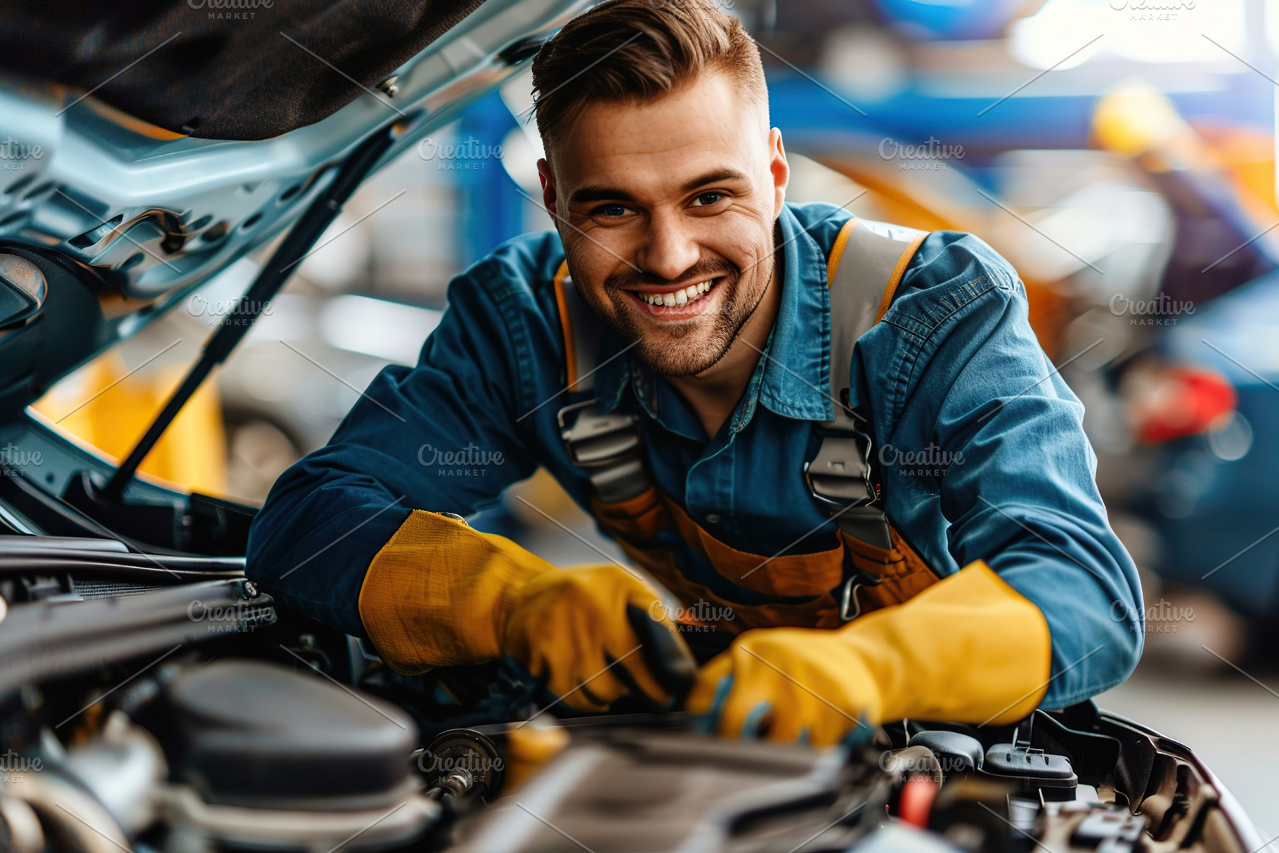 Auto mechanic wearing in uniform and working in repair service,, a Transportation Photo by AlyaAnd