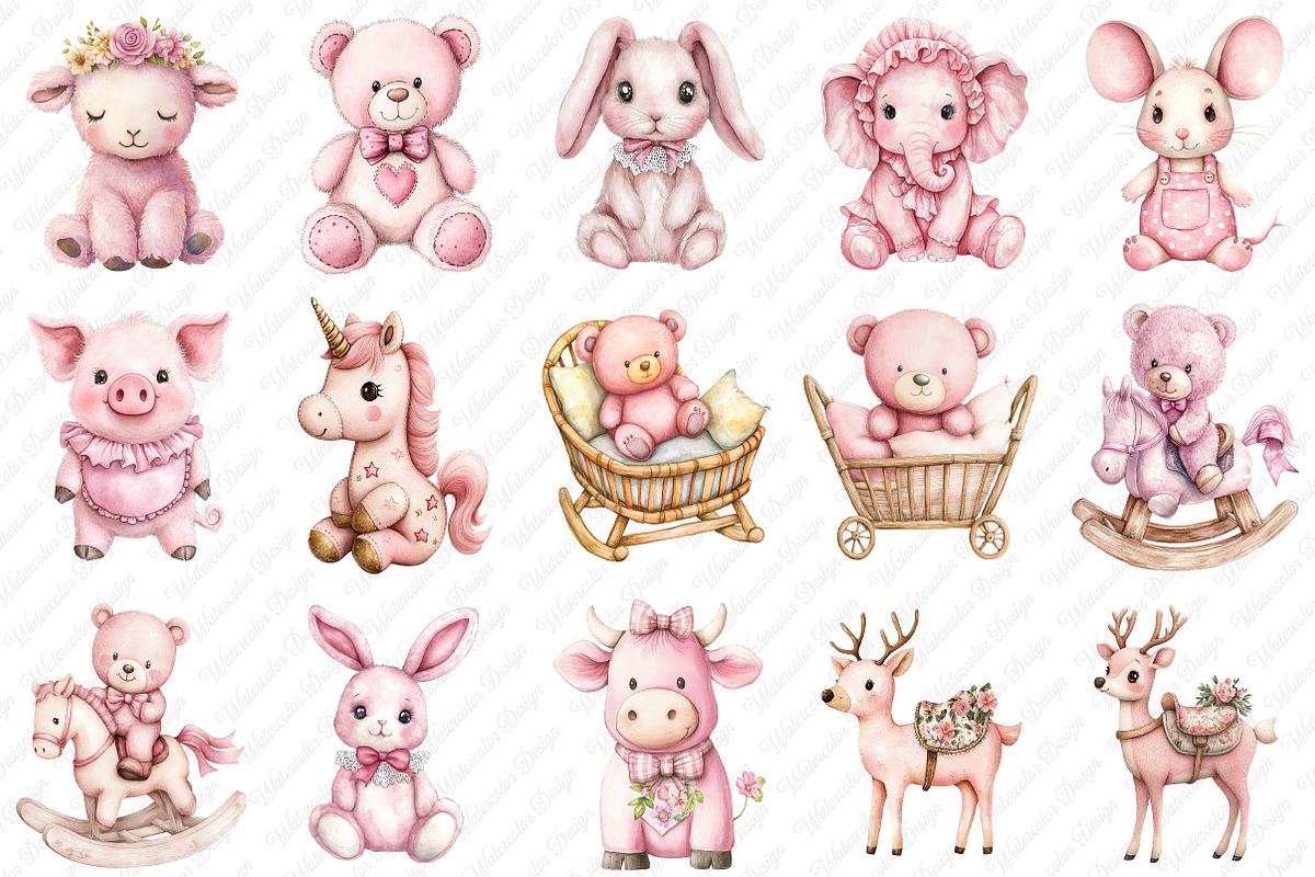 Pink Vintage Plush Animals Clipart, an Illustration by Watercolor design (Photo 2 of 12)