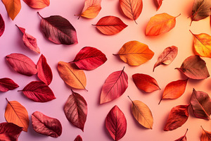Red and orange maple leaves on a vibrant gradient background ban, an Abstract Photo by Natalia Klenova's Shop