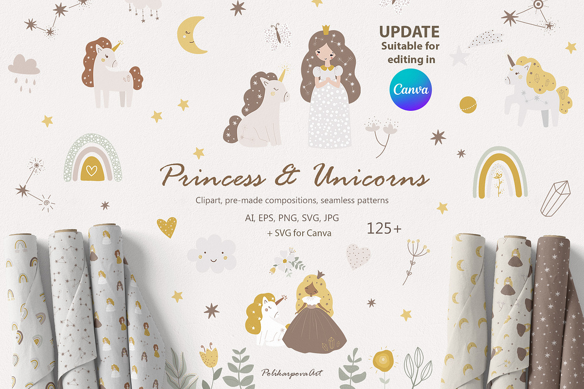 Princess & Unicorn clipart & pattern, an Animal Illustration by polikarpovaart (Photo 1 of 11)