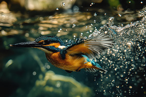 Kingfisher dives underwater in searc, a Photo by Tanuart