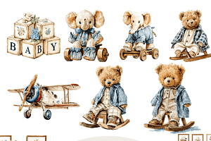Vintage Teddy Bears Clipart Set, a Decorative Illustration by Pati Charm Studio