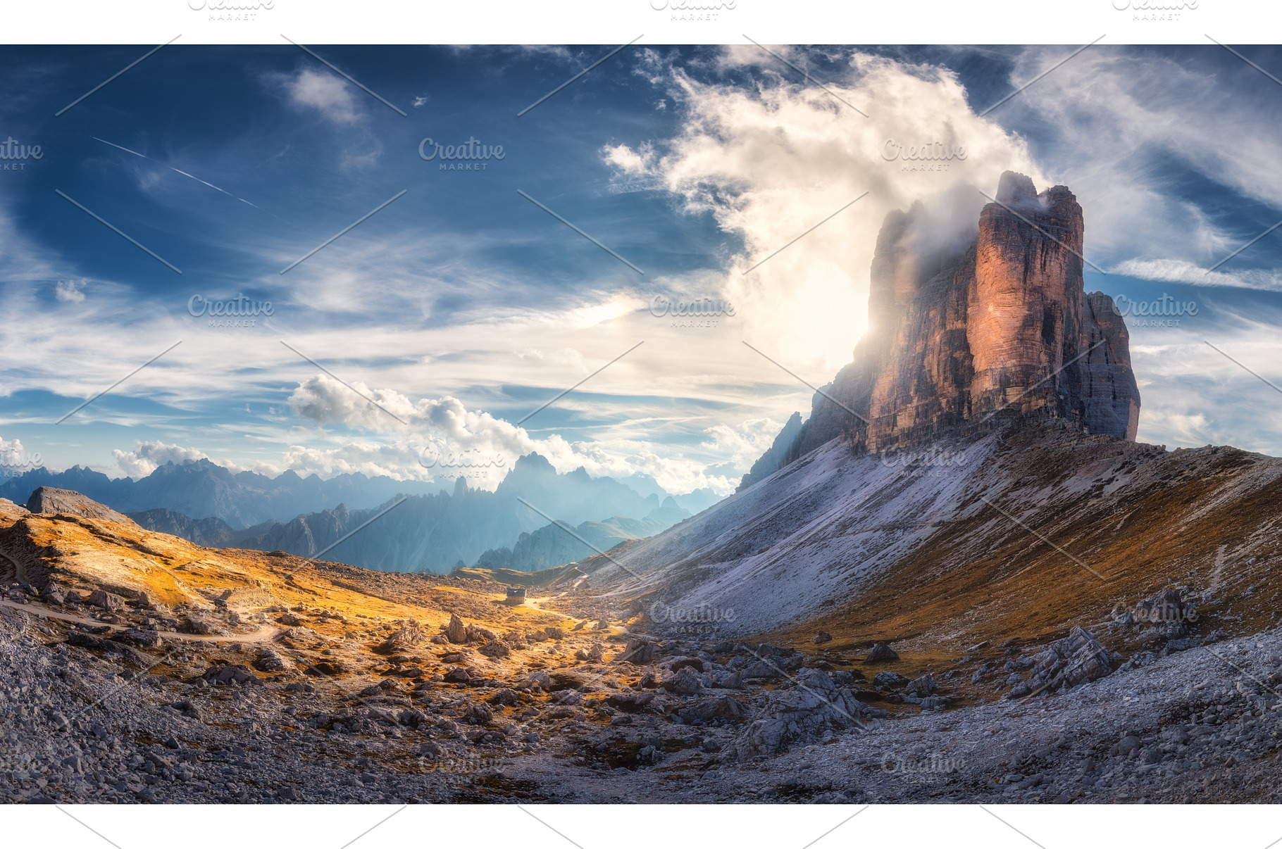 Mountain pass and blue sky with, a Nature Photo by den-belitsky
