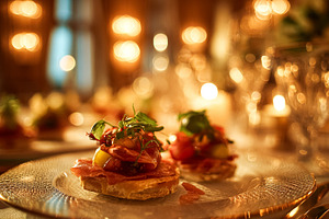 Gourmet appetizers serving on glass plates at a luxury restauran, a Food & Drink Photo by Studio ANNA