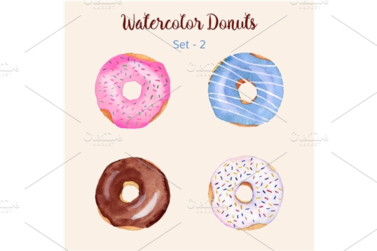 4 Hand painted watercolor donuts, an Object Graphic by Sunshine Art Shop