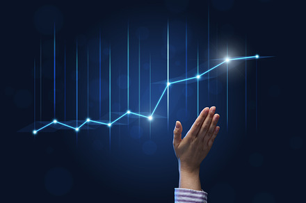 a businessman's hand points to a holographic graph with rising r, a Business Photo by ndanko