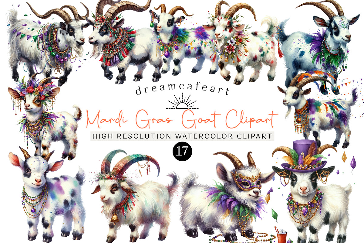 Watercolor Mardi Gras Goat Clipart, an Illustration by DreamCafeArt (Photo 1 of 6)