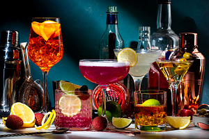 Alcoholic cocktails set, strong drinks and aperitifs, bar tools,