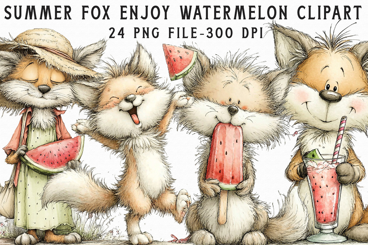 Summer Fox Enjoy Watermelon Clipart, an Illustration by Libby Wishes (Photo 1 of 7)