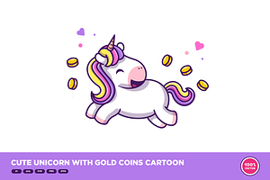 Cute Unicorn With Gold Coins Cartoon