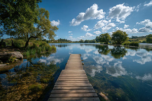 Wooden dock leading to a tranquil la, a Photo by Pixeness Studio