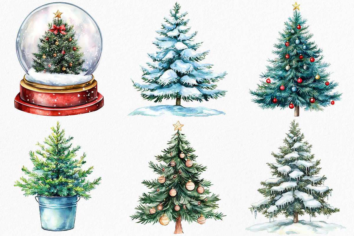 Watercolor Christmas Tree Clipart, an Illustration by Canvas Craft (Photo 2 of 8)