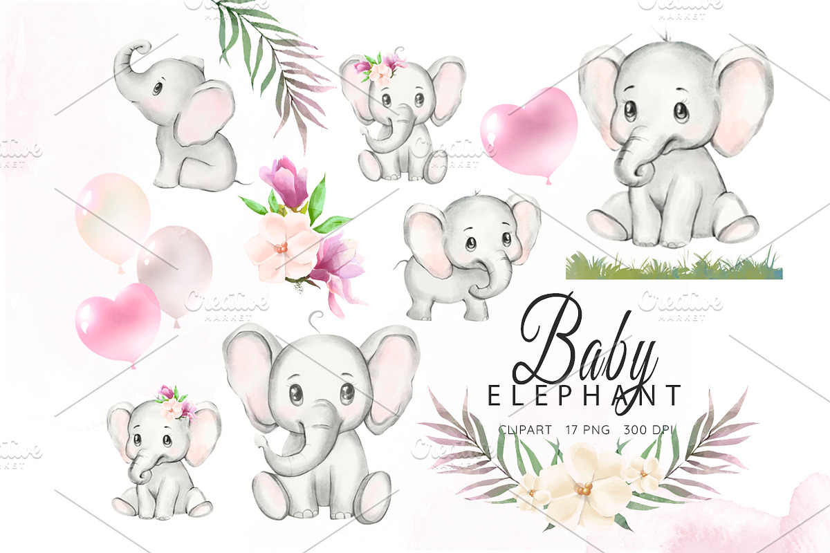 Baby Elephant Watercolor Clipart, an Animal Illustration by StudioBeeArt