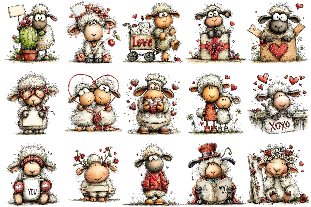 Whimsical Valentine Sheep Clipart, an Illustration by OK Design (Photo 3 of 6)