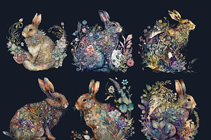 Watercolor Floral Rabbits Clipart