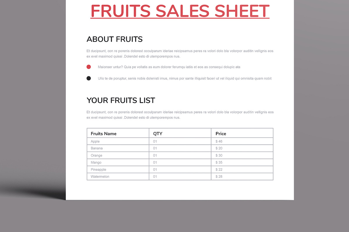 Fruits Sales Sheet Template Layout