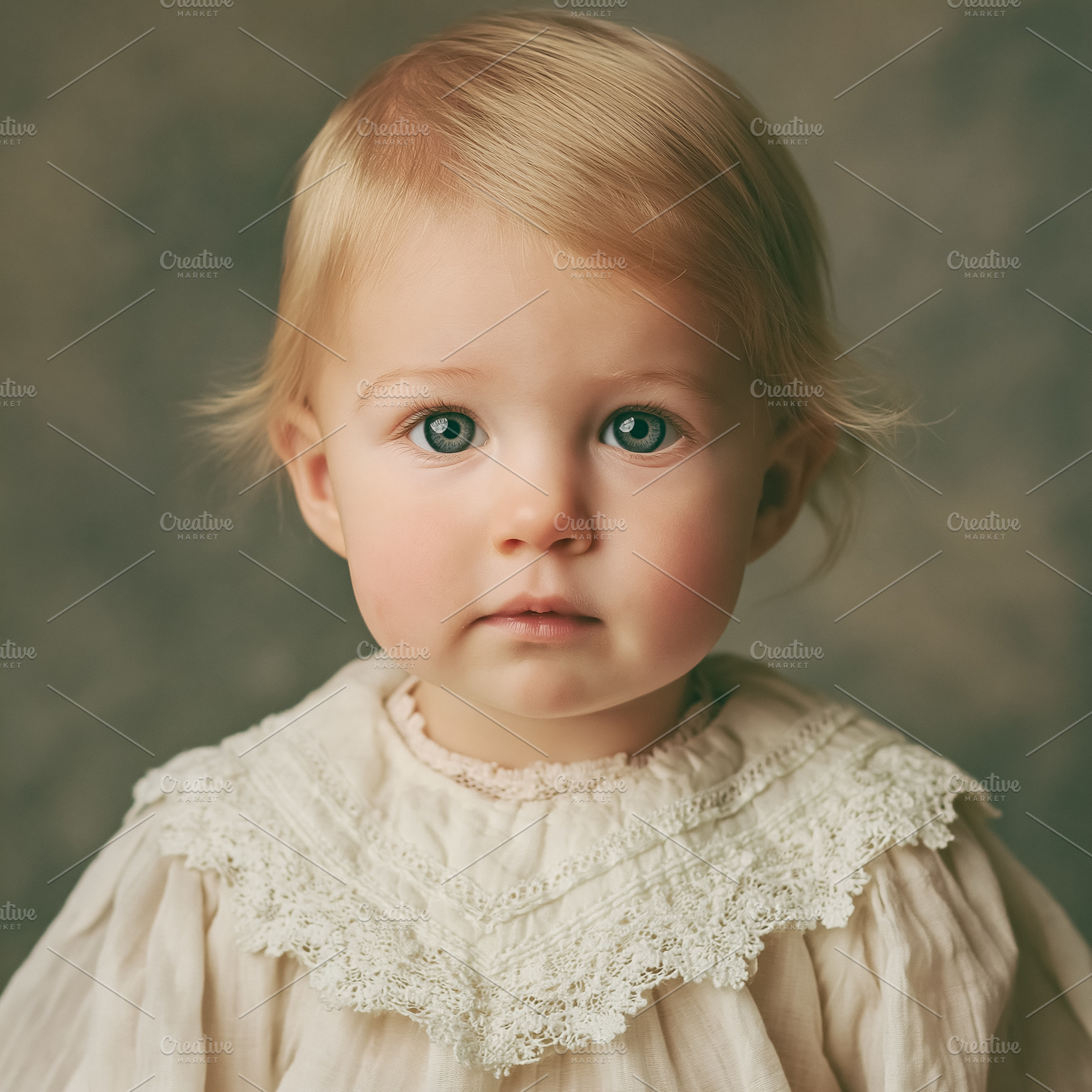 Adorable blonde baby toddler wearing a vintage lace dress portra, a Person Photo by Studio ANNA