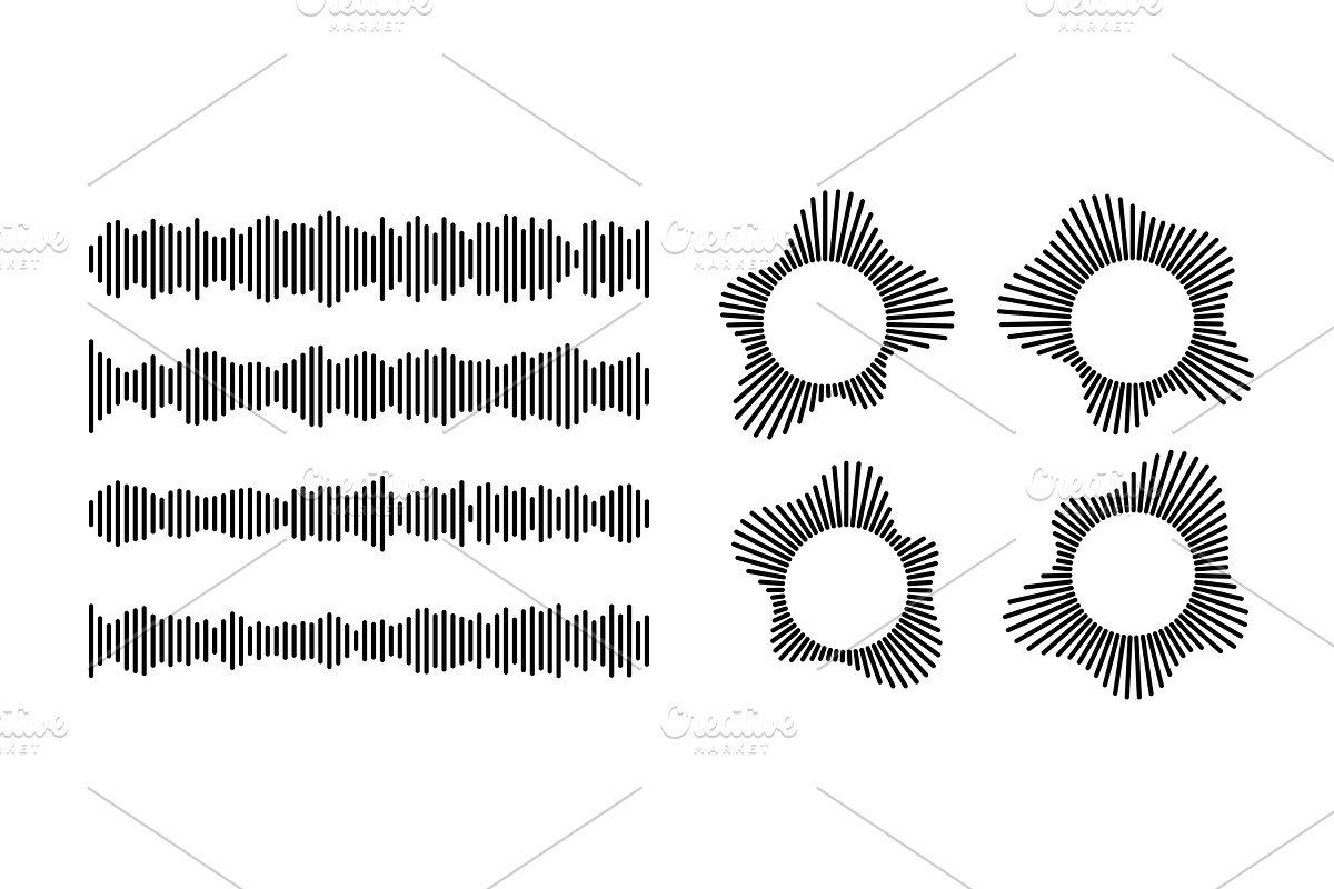 Audio waveform set with radial burst, an Object Illustration by YuliiaOsadcha