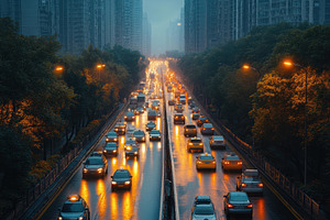 Evening traffic during rain on a bus, a Photo by Tanuart