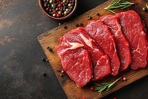 Fresh raw beef steaks on a wooden, a Food & Drink Photo by MistyDay