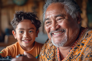 A joyful moment between a smiling Pacific Islander grandfather a, a Person Photo by ImageMir