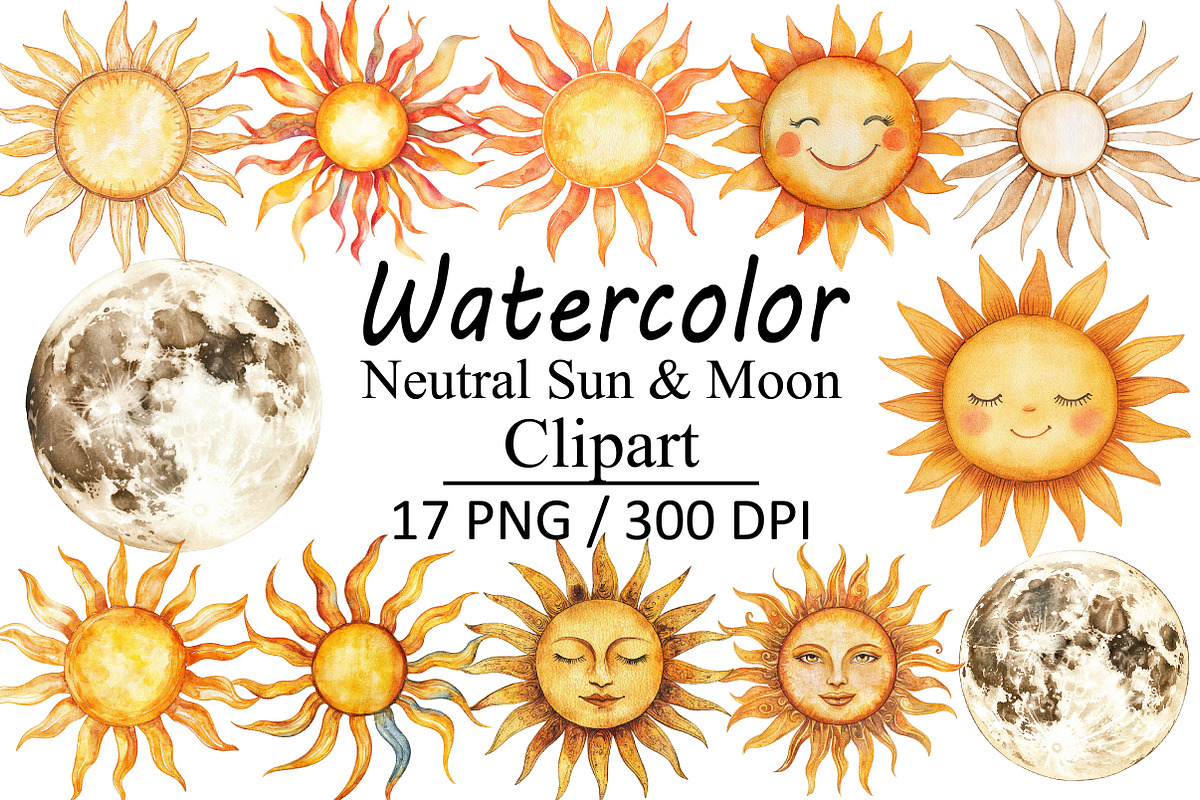 Watercolor Neutral Sun & Moon, an Illustration by Design Market (Photo 1 of 3)