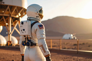 Astronaut watching Mars base structures at morning sunrise, a Technology Photo by GoodGoods