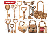 Watercolor vintage Keys and locks, an Object Illustration by ArtfulStudio (Thumbnail 2 of 8)