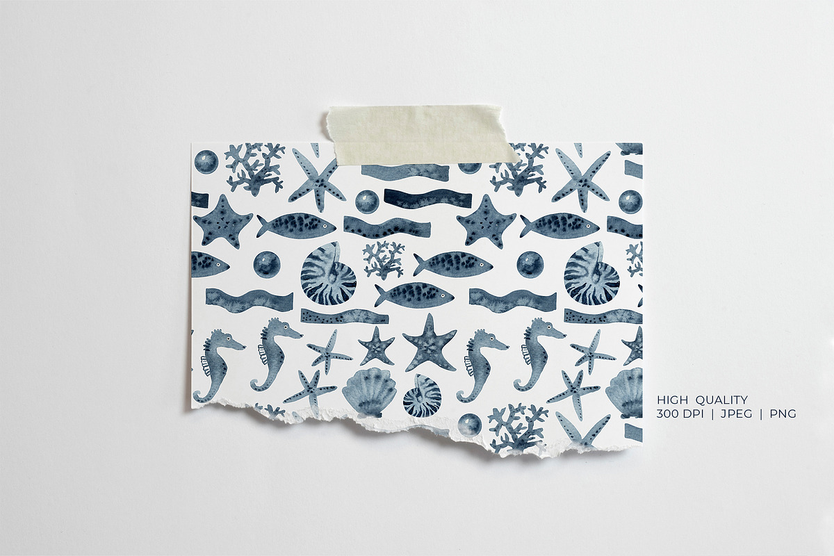 Indigo Sea Marine Watercolor Pattern, an Animal Illustration by YarovaArt (Photo 3 of 12)