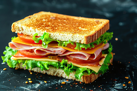 Toast sandwich with cheese, turkey ham, tomato and fresh lettuce on dark backgr, a Food & Drink Photo by AlyaAnd