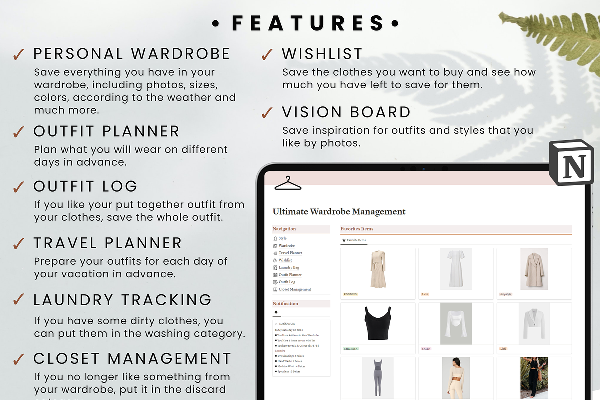 Wardrobe Manager Notion Template, an App Template by MondaySpark (Photo 2 of 9)