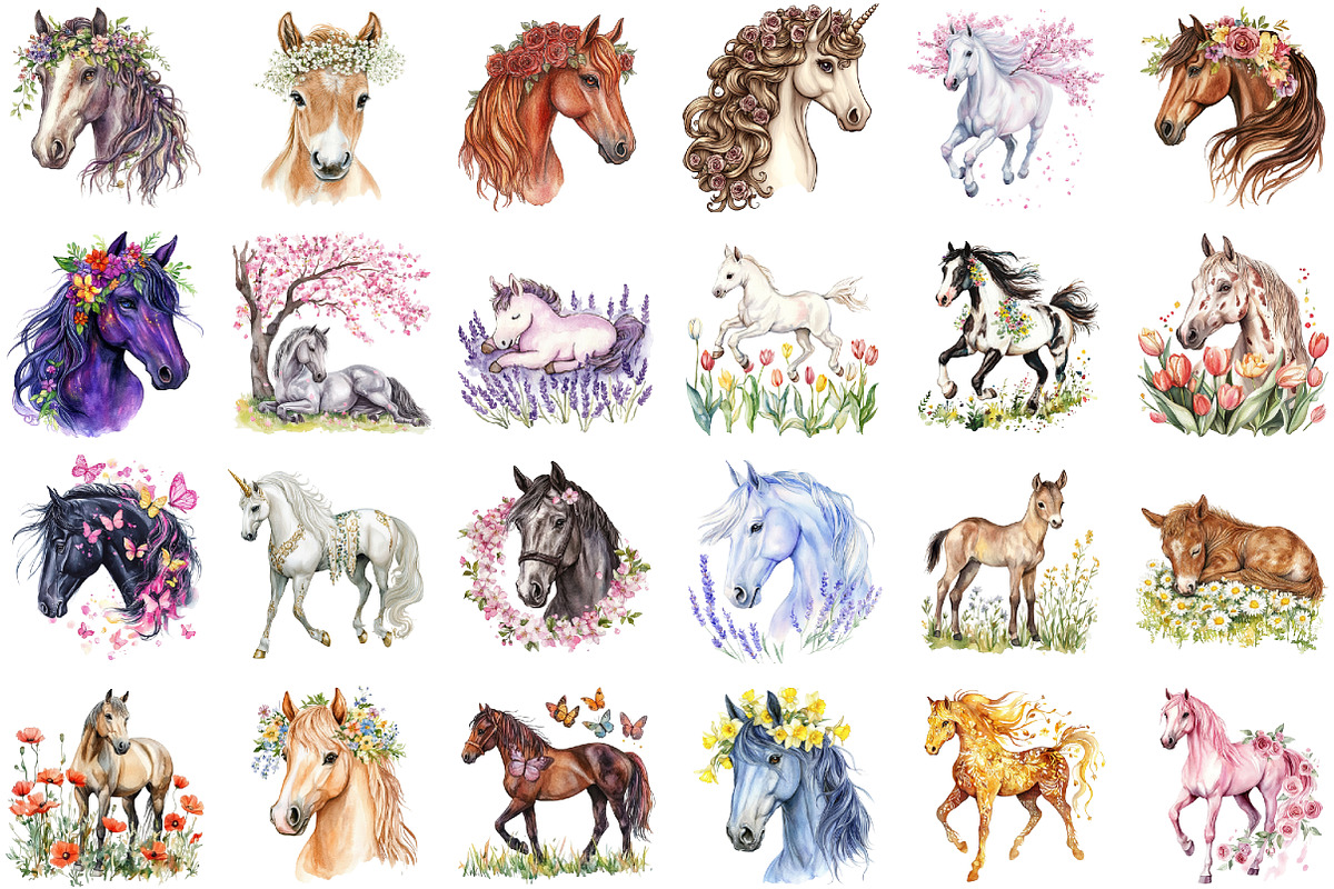 Watercolor Spring Horses Clipart, an Illustration by Sublimation Artist (Photo 2 of 6)