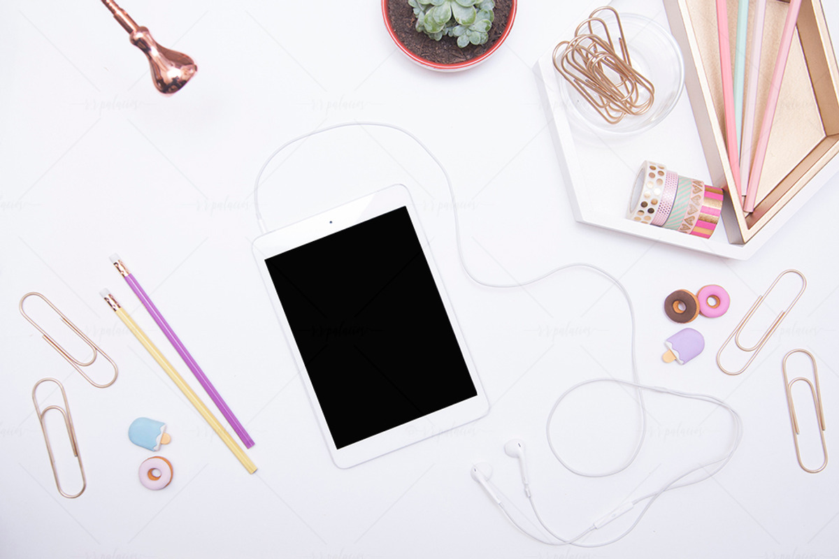 Feminine Styled Desktop Flatlay - 4, an iPad Mockup by r.r.palacios (Photo 1 of 2)