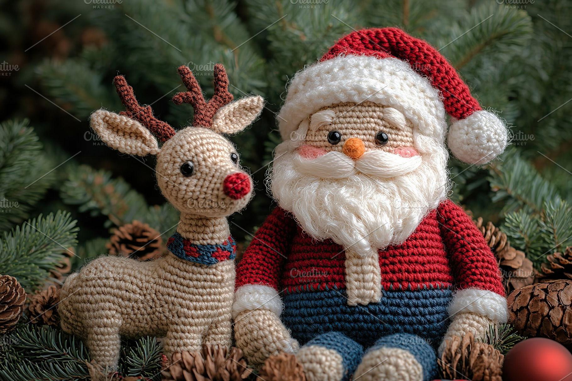Knitted christmas santa claus and reindeer toy. New Year 2025, a Holiday Photo by AlyaAnd
