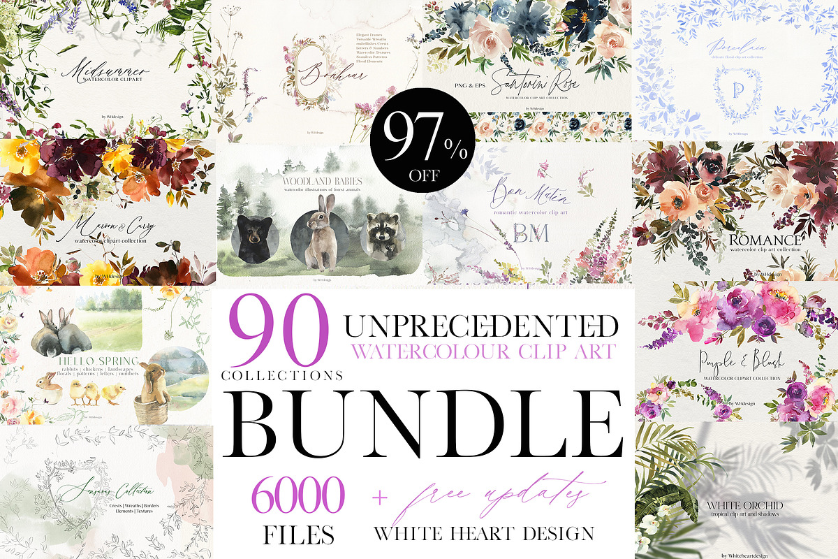 Watercolor Floral Bundle 90 in1, an Animal Illustration by whiteheartdesign (Photo 1 of 50)