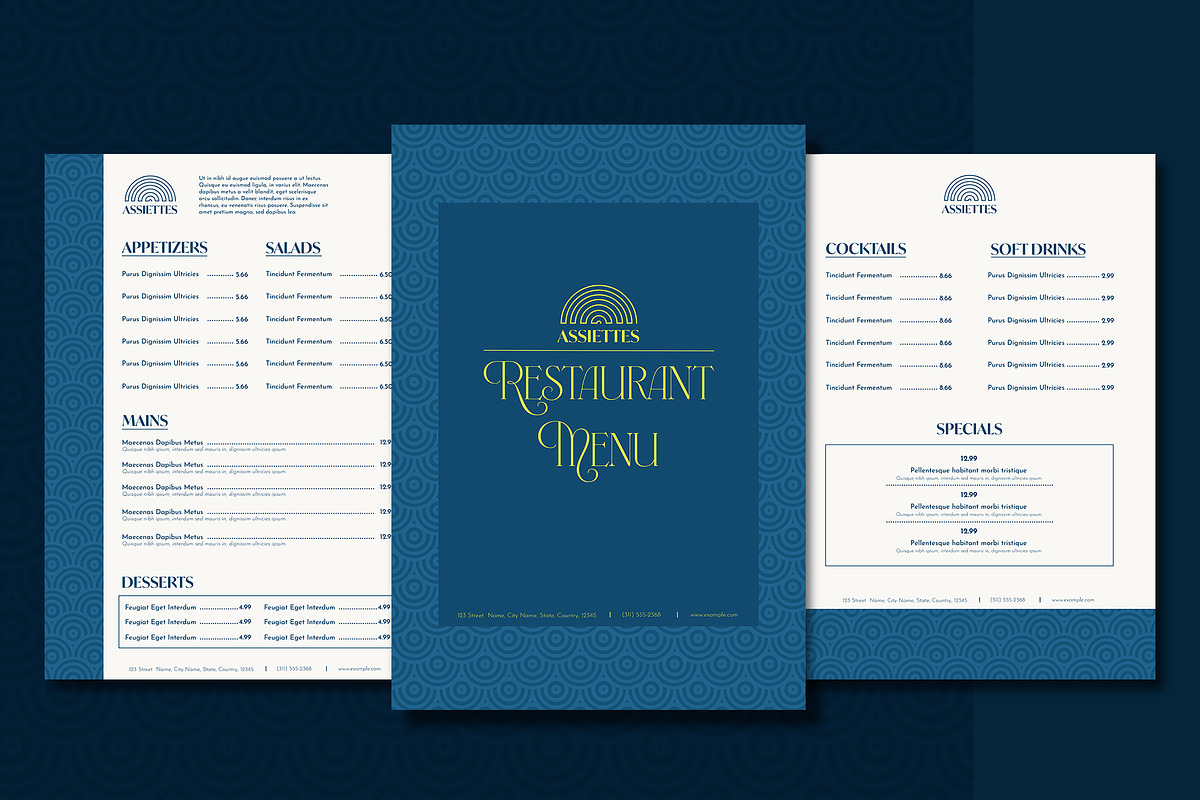 Blue Menu Set with Geometric Accents, a Print Template by wavebreak