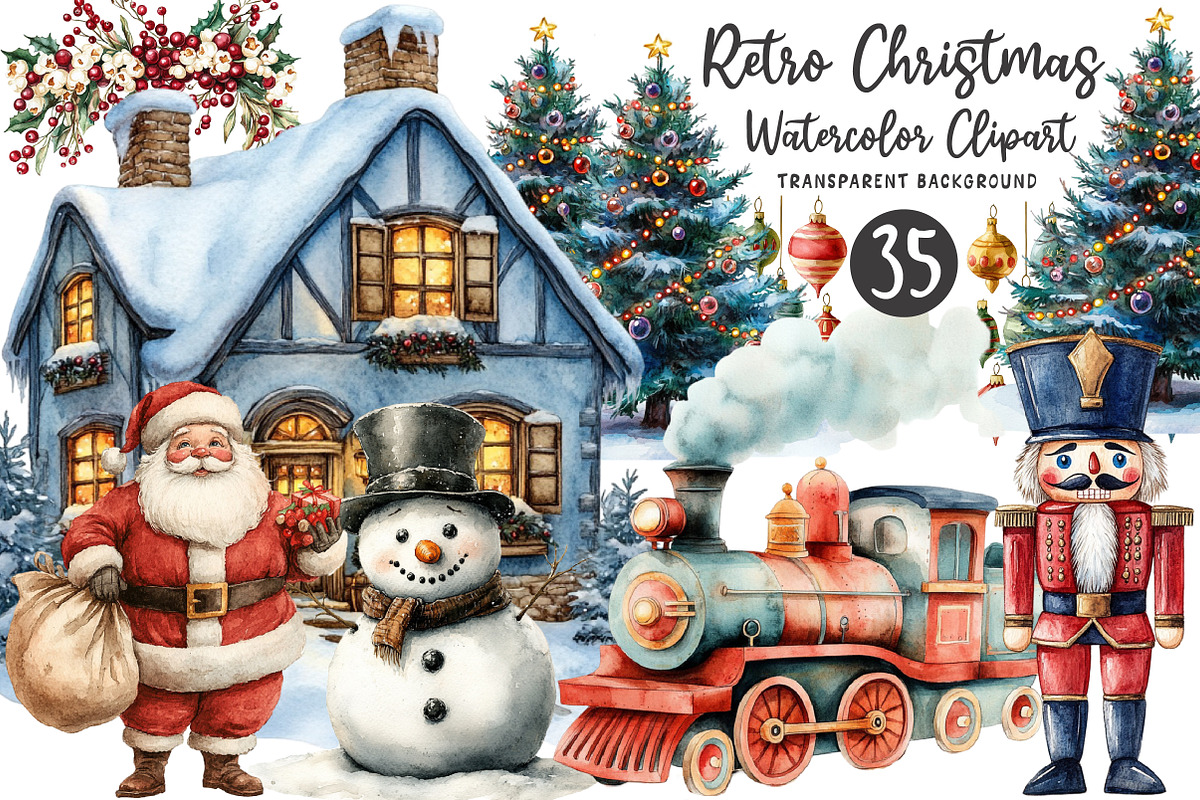 Retro Christmas Watercolor Clipart, an Illustration by OK Design (Photo 1 of 5)